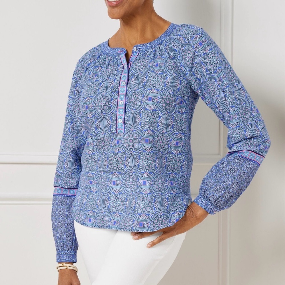 Talbots Women Stained Glass Medallion Band Collar Popover Top Sz Large Blue Pink